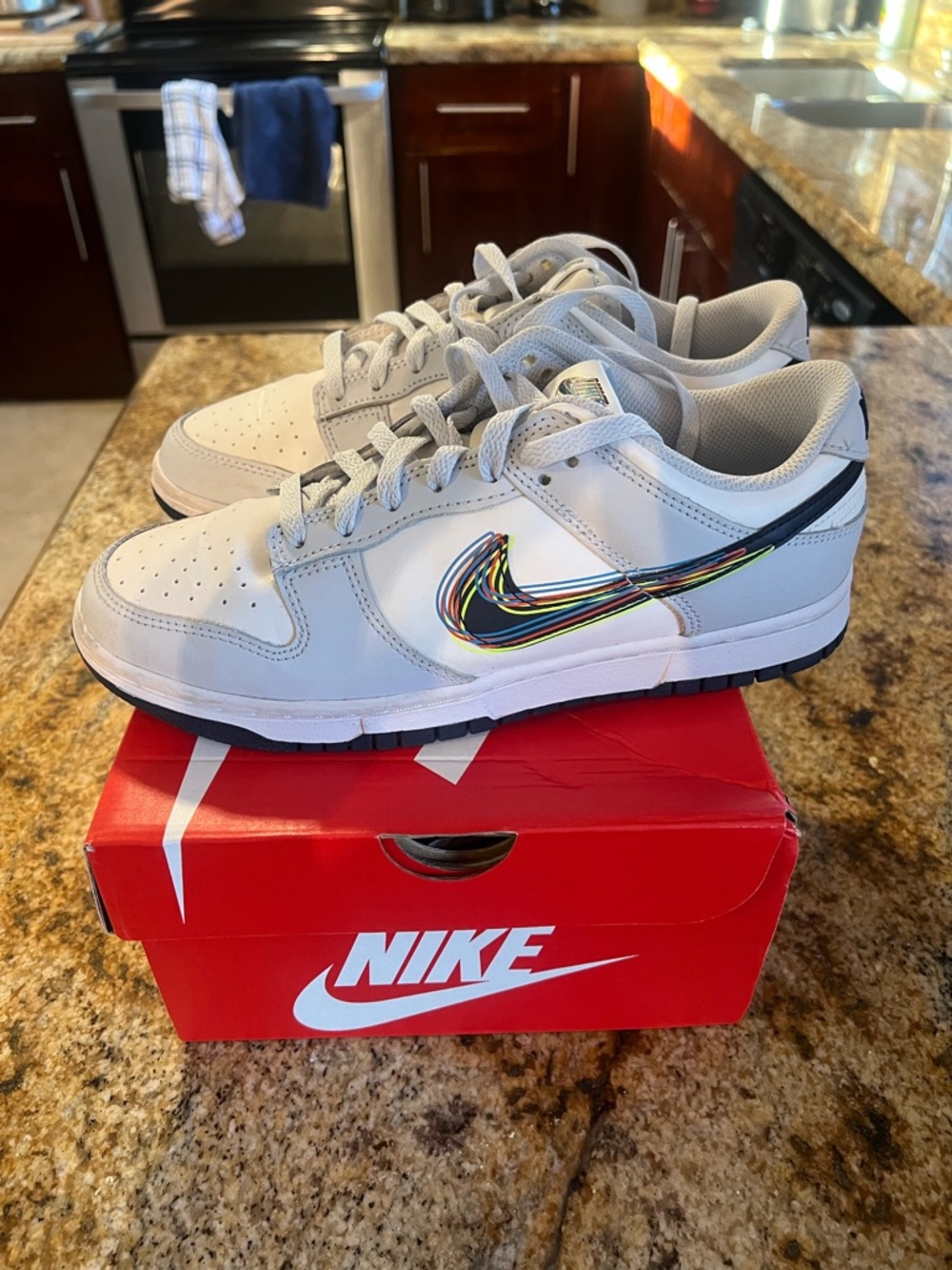 Nike White/Light Gray Low Top Sneakers with Multicolor Swoosh